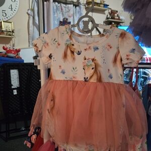 Floral Horse Print Kids One Piece Romper with Pinkish Tulle Skirt